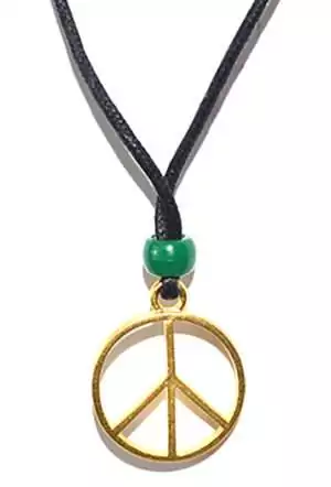 Gold peace sign amulet necklace showing circular peace symbol pendant on chain in warm gold finish for harmony and positive energy