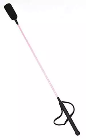 27 inch pink riding crop novelty prop shown in full length in bright pink color for costume or roleplay accessory use