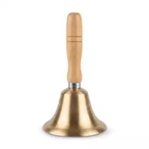 Brass hand bell with wooden handle measuring approximately 7.5 inches tall for ritual altar and ceremonial use