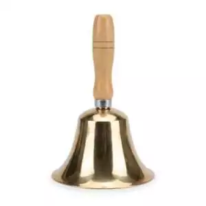 Large brass hand bell 6.5 by 9 inches for ritual and altar use, showing solid brass bell with handle for ceremonial space cleansing