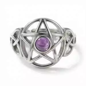 Amethyst pentagram adjustable sterling silver ring featuring a purple amethyst stone set within an engraved pentagram design, Wiccan protection and intuition jewelry.