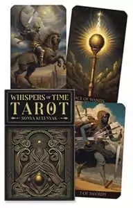 Whispers of Time Tarot deck box by Sonya Kulynyak showing illustrated multilingual tarot cards with dreamlike historical imagery