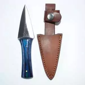 Arrowhead athame ritual dagger 6.5 inches with shiny blade and decorative handle, shown alongside its fitted leather sheath for Wiccan altar use.