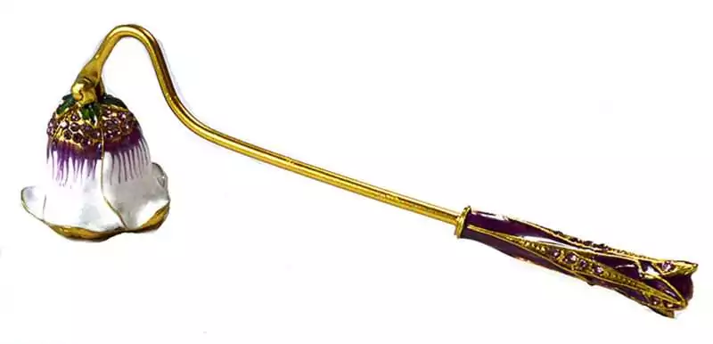 7-12quot-Fancy-Flower-candle-snuffer-CS05 Fancy Flower candle snuffer 7.5 inches long with decorative floral bell end, shown as ornate altar tool for extinguishing ritual candles