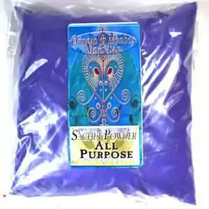 All Purpose Consecrated Hoodoo Sachet Powder in a clear sealed bag with decorative label, showing purple-toned ritual powder.