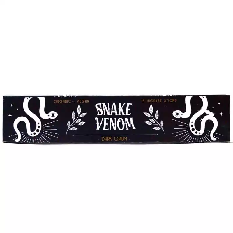 15pk-Snake-Venom-stick-ISSNAV Black incense packaging with Snake Venom boldly printed, featuring dark gothic artwork, containing 15 dark opium scented incense sticks.