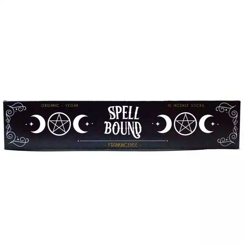 15pk-Spell-Bound-stick-ISSPEB Decorative incense packaging reading Spell Bound featuring mystical spell-craft artwork, containing 15 frankincense ritual incense sticks.
