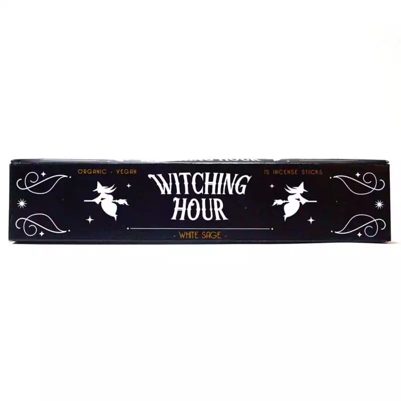 15pk-Witching-Hour-stick-ISWITH Black box labeled Witching Hour featuring whimsical white illustrations, containing 15 white sage ritual incense sticks.
