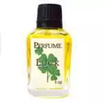 Small 1oz yellow perfume bottle labeled Luck with a four-leaf clover design and black cap, Espiritu luck ritual fragrance.