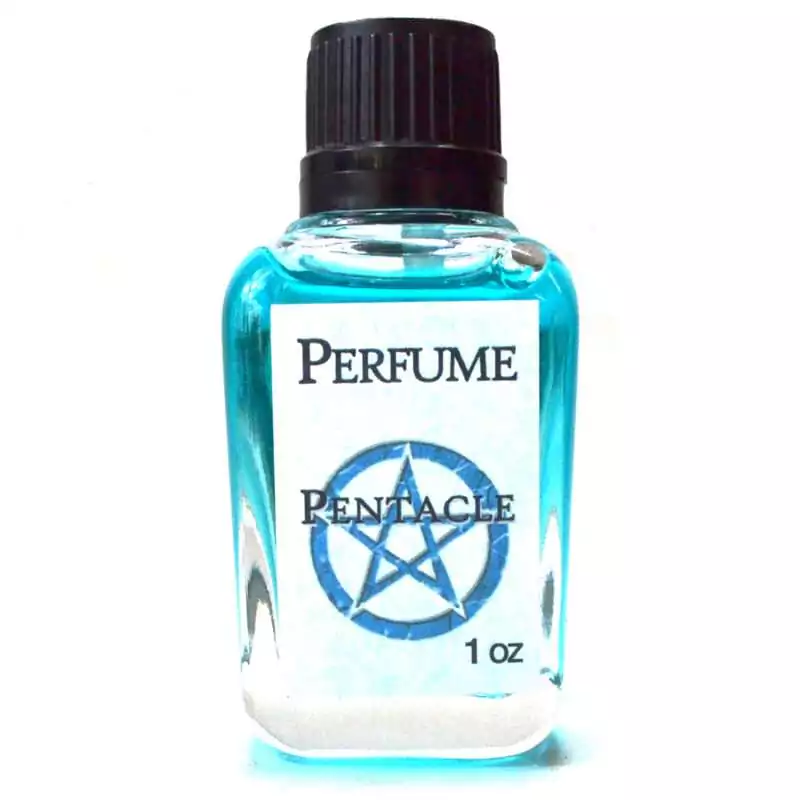 1oz-Pentacle-perfume-OPCPEN Small 1oz blue perfume bottle labeled Pentacle with a pentacle symbol on the label, Espiritu brand ritual fragrance.