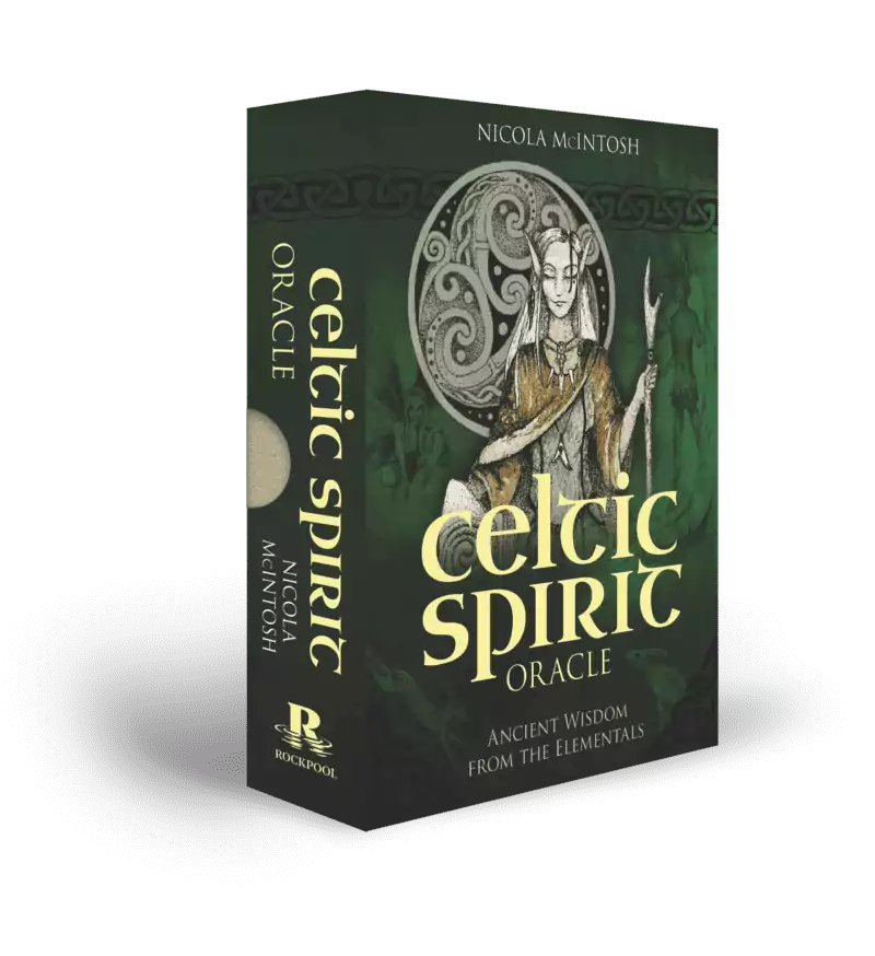 Celtic Spirit Oracle box art featuring detailed green and gold Celtic knotwork with nature motifs