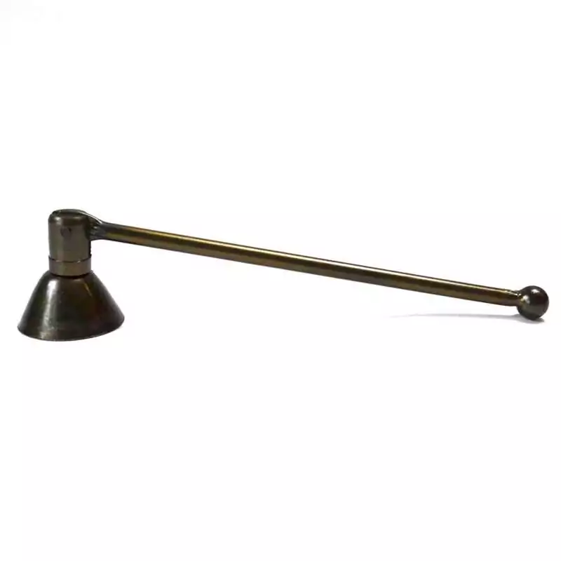 5-inch metal candle snuffer with long handle and bell-shaped brass-toned extinguisher cup for ritual altar use