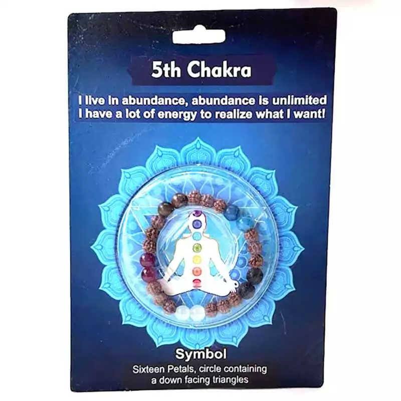5th-Chakra-Rudraksha-bracelet-JB5CHA Throat Chakra Rudraksha bracelet with blue gemstone beads and 5 Mukhi rudraksha seeds representing the Vishuddha 5th chakra.
