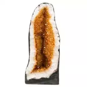 Large 69.4 lb citrine cathedral quartz geode with vibrant orange and golden-yellow crystal interior points rising from natural rock exterior, collector-grade abundance specimen.