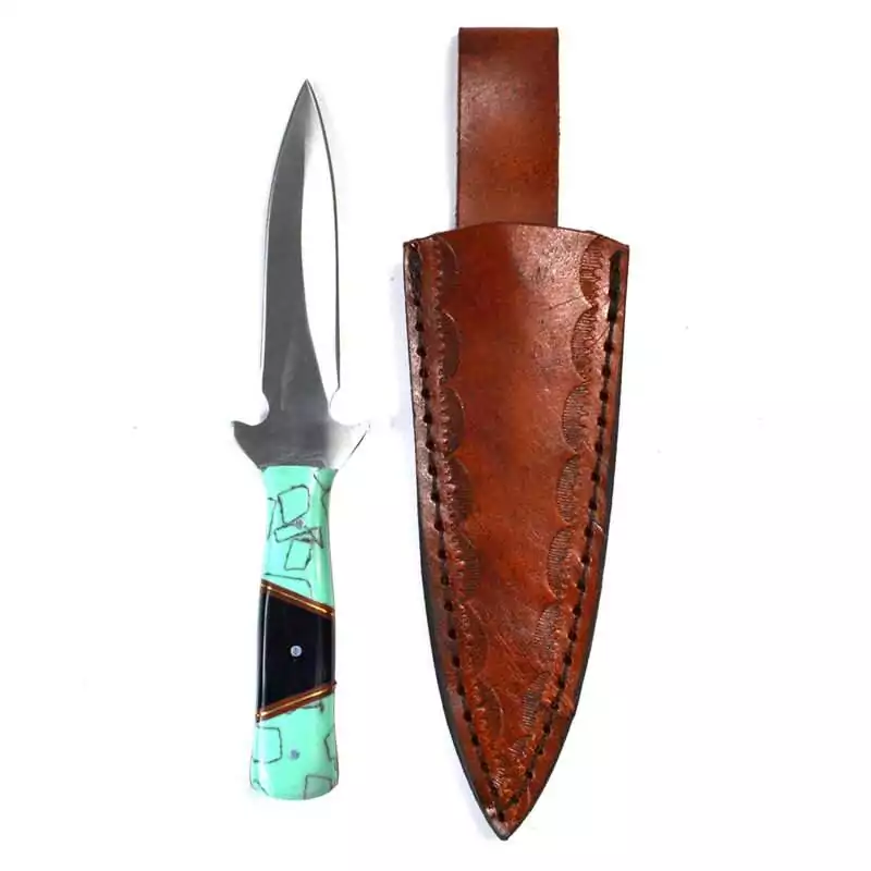 7-inch ritual athame with turquoise and black decorative handle and double-edged pointed blade for Wiccan altar use