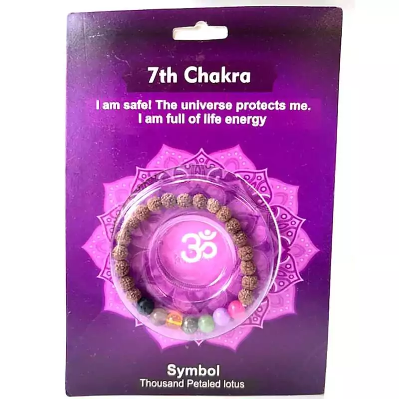 7th-Chakra-Rudraksha-bracelet-JB7CHA Crown Chakra Rudraksha bracelet featuring rudraksha seeds and violet gemstone beads representing the Sahasrara 7th chakra.