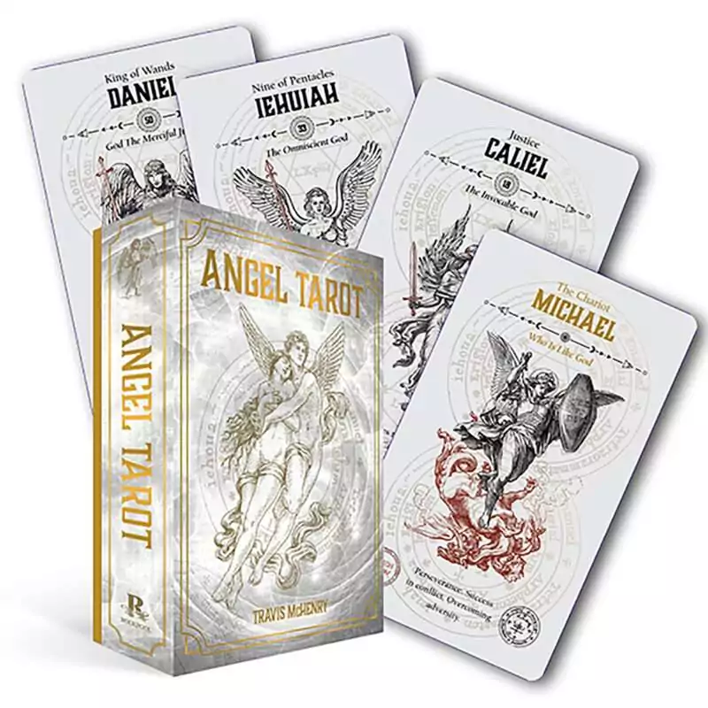 Angel-Traot-by-Travis-McHenry-DANGTAR Angel Tarot deck by Travis McHenry showing 78-card box with angelic Shem HaMephorash Kabbalistic imagery on the cover