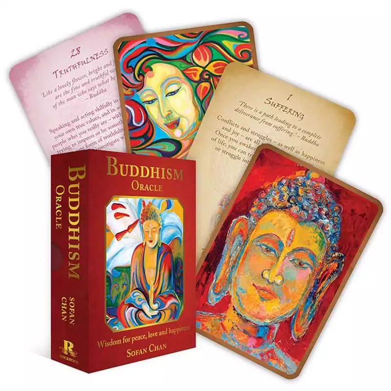 Buddhism Oracle deck and cards by Sofan Chan showing vibrant illustrated spiritual artwork on plain background