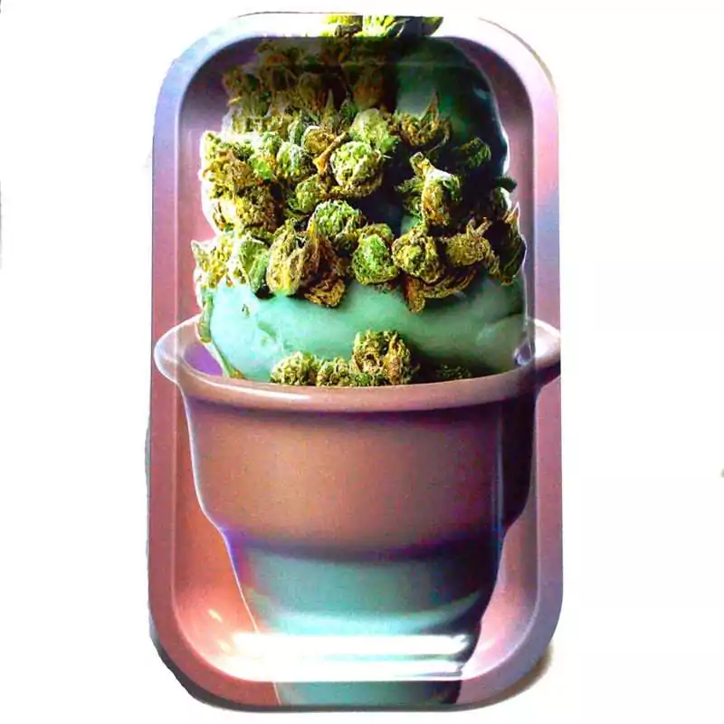 Buds-rolling-tray-FRT3504 Wooden rolling tray featuring colorful ice cream and cannabis bud design with raised edges for herb preparation, novelty hardwood tray.