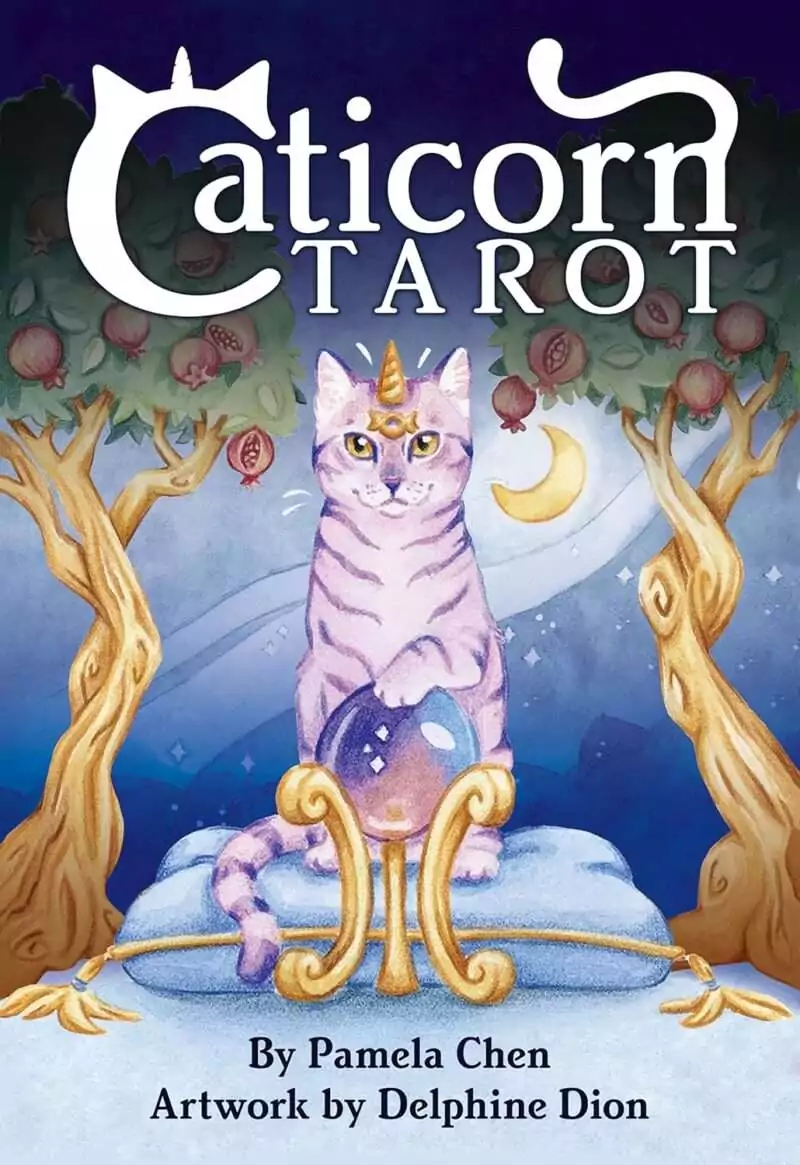 Caticorn Tarot deck box by Pamela Chen and Delphine Dion featuring cat-unicorn whimsical pastel artwork