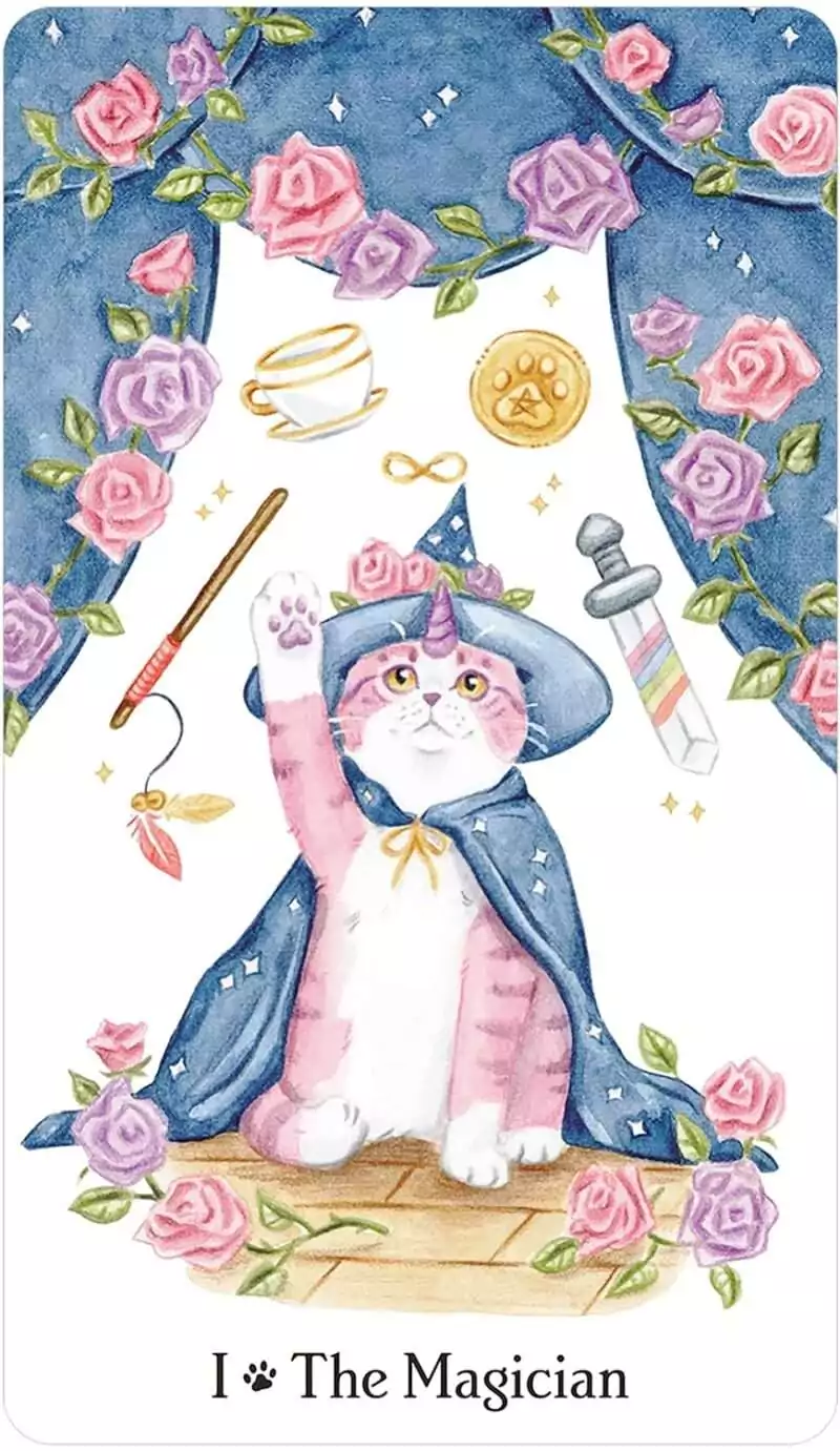 Caticorn Tarot card spread showing whimsical cat-unicorn illustrations with pastel color palette