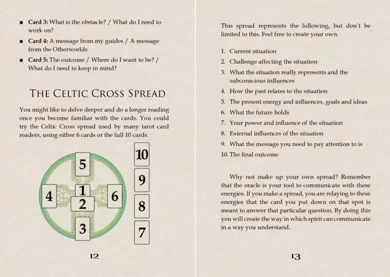 Celtic Spirit Oracle guide card depicting a Celtic Cross tarot spread with numbered position descriptions