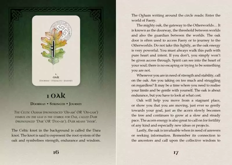 Celtic Spirit Oracle card featuring an illustration of an ancient oak tree with Celtic imagery and descriptive text