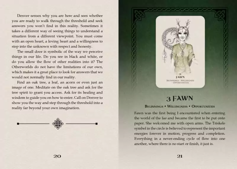 Celtic Spirit Oracle card showing a fawn character with antlers surrounded by oak leaves and Celtic knotwork