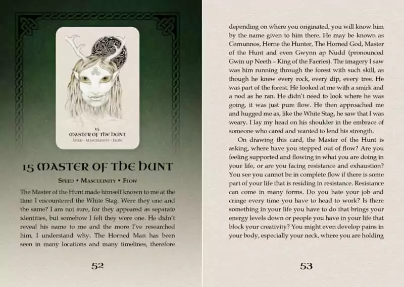 Celtic Spirit Oracle card titled Master of the Hunt featuring an illustrated forest hunter figure with antlered helm