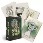 Celtic-Spirit-oracle-by-Nicola-McIntosh-DCELSPI Celtic Spirit Oracle deck box with several illustrated cards fanned out showing intricate Celtic knotwork and nature spirit imagery