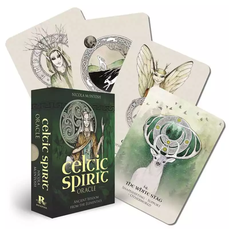 Celtic-Spirit-oracle-by-Nicola-McIntosh-DCELSPI Celtic Spirit Oracle deck box with several illustrated cards fanned out showing intricate Celtic knotwork and nature spirit imagery