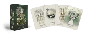 Celtic Spirit Oracle card deck displayed alongside its companion guidebook with forest scene on the cover