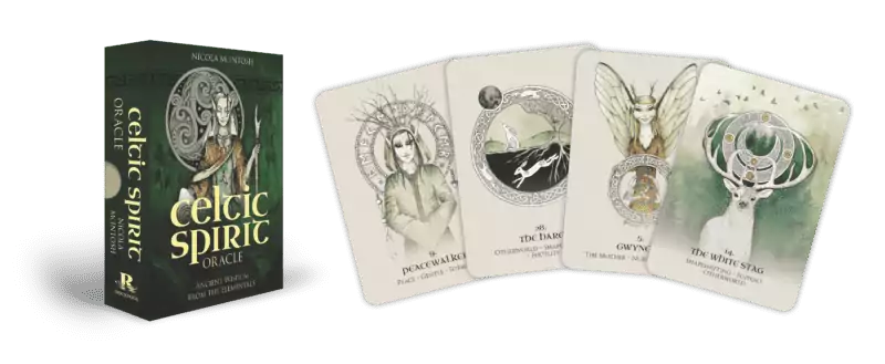 Celtic Spirit Oracle card deck displayed alongside its companion guidebook with forest scene on the cover