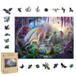 3D laser-cut dragon wood puzzle assembled into decorative dragon figurine, showing detailed wooden dragon sculpture for altar or shelf display