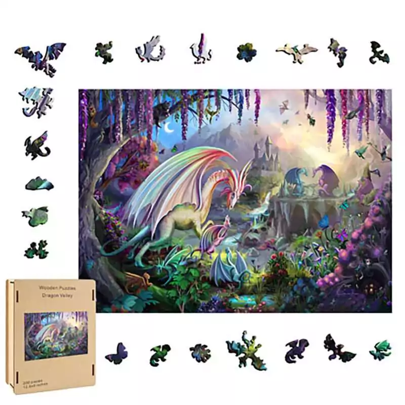 Dragon-wood-puzzle-FP3512 3D laser-cut dragon wood puzzle assembled into decorative dragon figurine, showing detailed wooden dragon sculpture for altar or shelf display