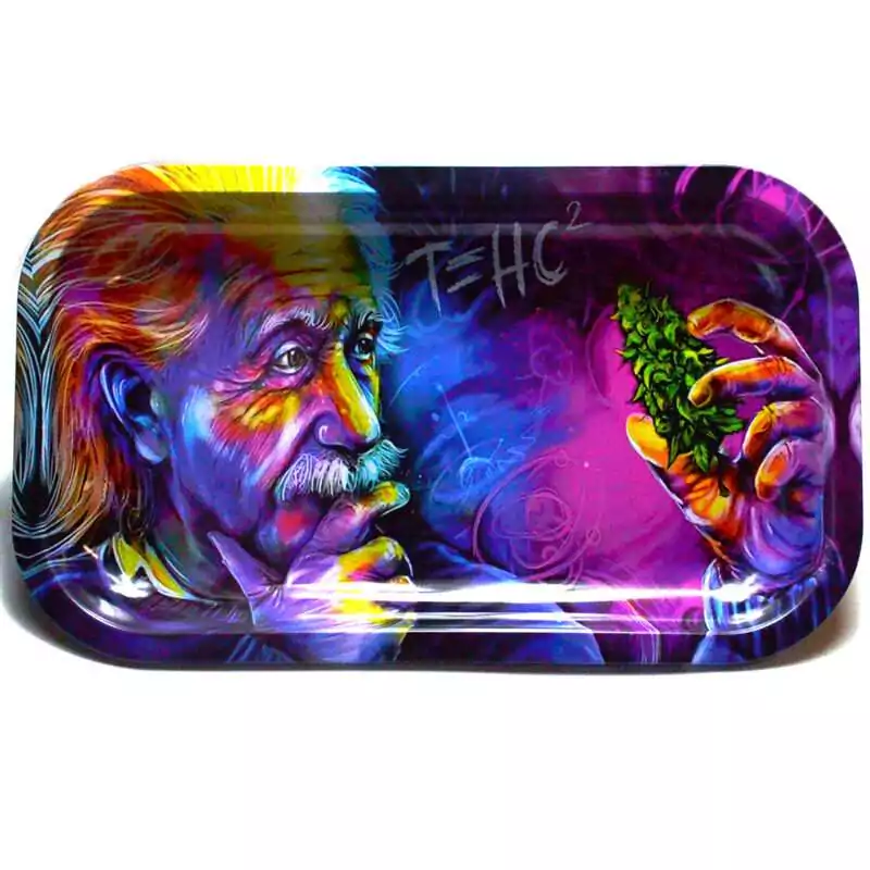Einstein-rolling-tray-FRT3502 Wooden herb rolling tray with colorful pop-art stylized Albert Einstein portrait illustration, raised hardwood edges for herb preparation and desk display.