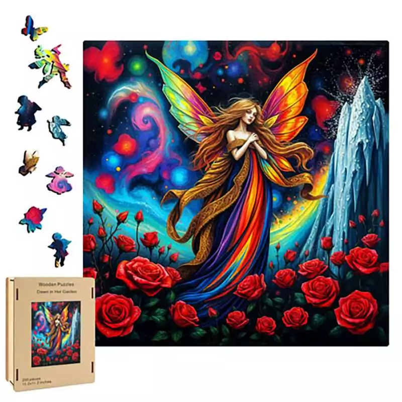 Fairy-wood-puzzle-FP3509 200-piece wood puzzle featuring a vibrant fairy with colorful wings standing in a magical blooming garden, wooden keepsake storage box fairy garden art puzzle.