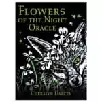 Flowers of the Night Oracle card featuring black and white illustration of a fox adorned with night-blooming flowers, Cheralyn Darcey 44-card nocturnal botanical deck.