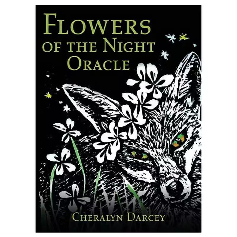 Flowers-of-the-Night-oracle-by-Cheralyn-Darcey-DFLONIG Flowers of the Night Oracle card featuring black and white illustration of a fox adorned with night-blooming flowers, Cheralyn Darcey 44-card nocturnal botanical deck.