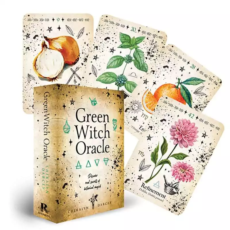 Green-Witch-oracle-by-Cheralyn-Darcey-DGREWITO Green Witch Oracle cards fanned out showing lush botanical illustrations of plants and herbs, Cheralyn Darcey 44-card green witch botanical deck.