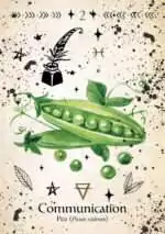Green Witch_Oracle_Cards-2 Green Witch Oracle card featuring a whimsical illustration of green peas in an open pod surrounded by small leaves and floral accents.