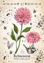 Green Witch_Oracle_Cards-42 Green Witch Oracle card featuring a detailed pink dahlia flower with layered petals and green foliage on a white oracle card background.