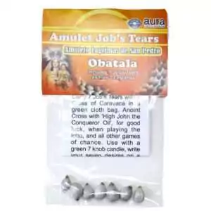 Job's Tears amulet showing seven consecrated seeds in a packet or small pouch used for wish-granting and luck in hoodoo folk magic tradition