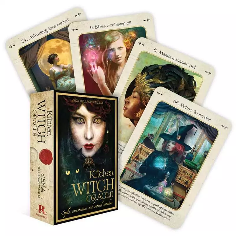 Kitchen-Witch-oracle-by-Jena-Dellagrottaglia-DKITWIT Kitchen Witch Oracle deck by Jena Dellagrottaglia showing illustrated cards with herbs, cauldrons, and hearth magic themes