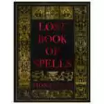 Dark hardcover book titled Lost Book of Spells in bold red letters with intricate gold decorative design by Fiona Horne.