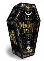 Macabre-3D Macabre Tarot coffin-shaped box back featuring bold gothic title lettering with skull and snake motifs on a black background.
