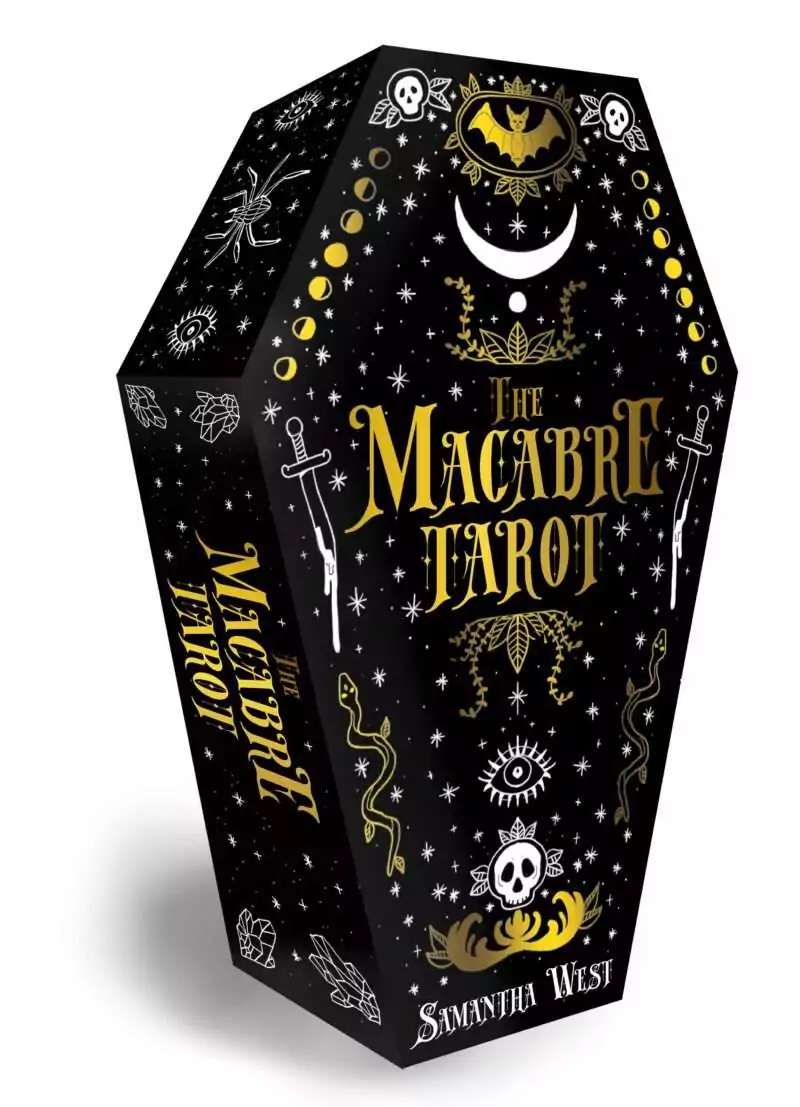 Macabre Tarot coffin-shaped box back featuring bold gothic title lettering with skull and snake motifs on a black background.