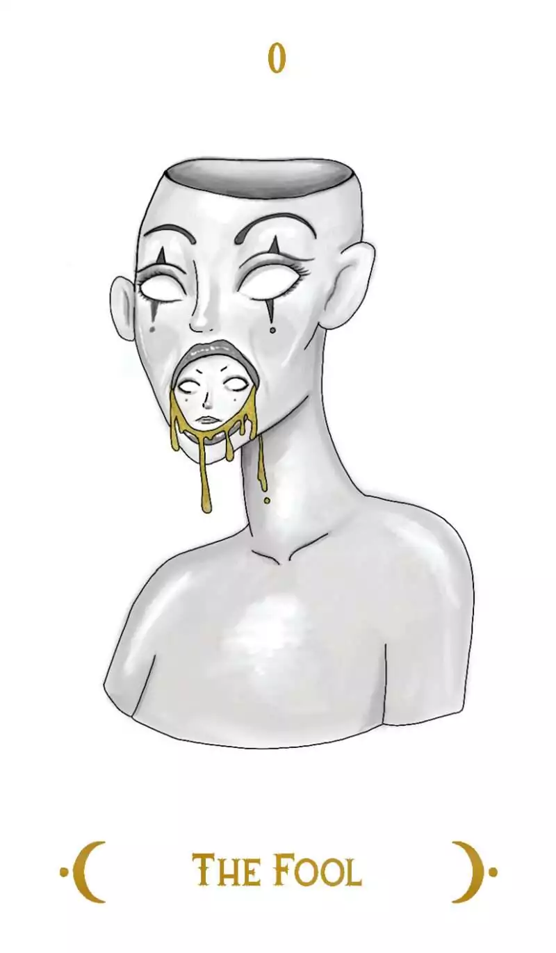 Macabre Tarot card featuring a surreal faceless figure with a small crying face emerging from its mouth on a minimal monochromatic background.