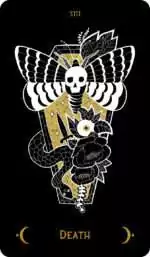 Macabre Tarot_Cards-14 Macabre Tarot card depicting a skull with butterfly wings surrounded by a snake and roses on black background, symbolizing transformation and cycles.