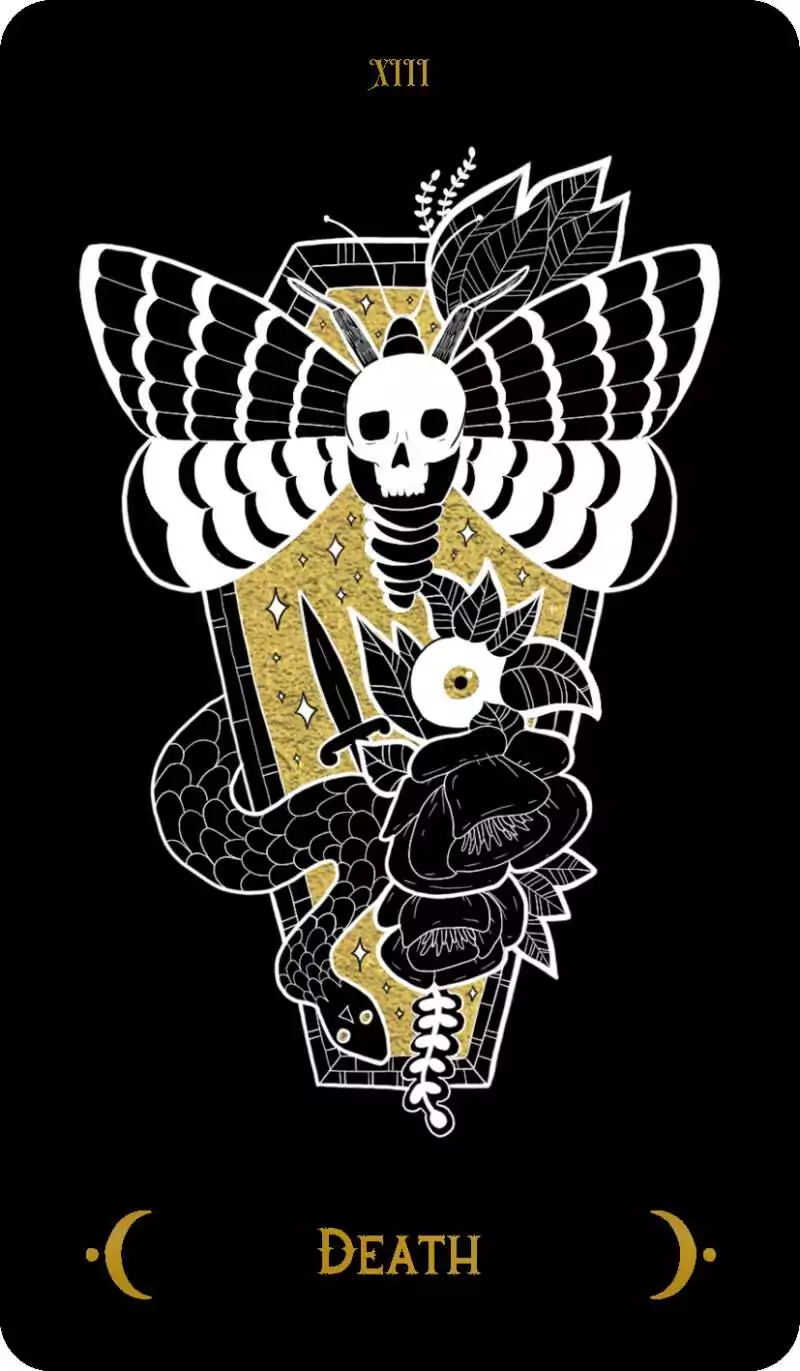 Macabre Tarot card depicting a skull with butterfly wings surrounded by a snake and roses on black background, symbolizing transformation and cycles.